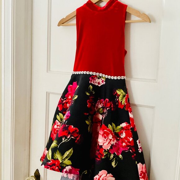 SPEECHLESS Big Girls Floral Halter Neck Red Velvet Hi-Low Party Dress - Picture 4 of 11